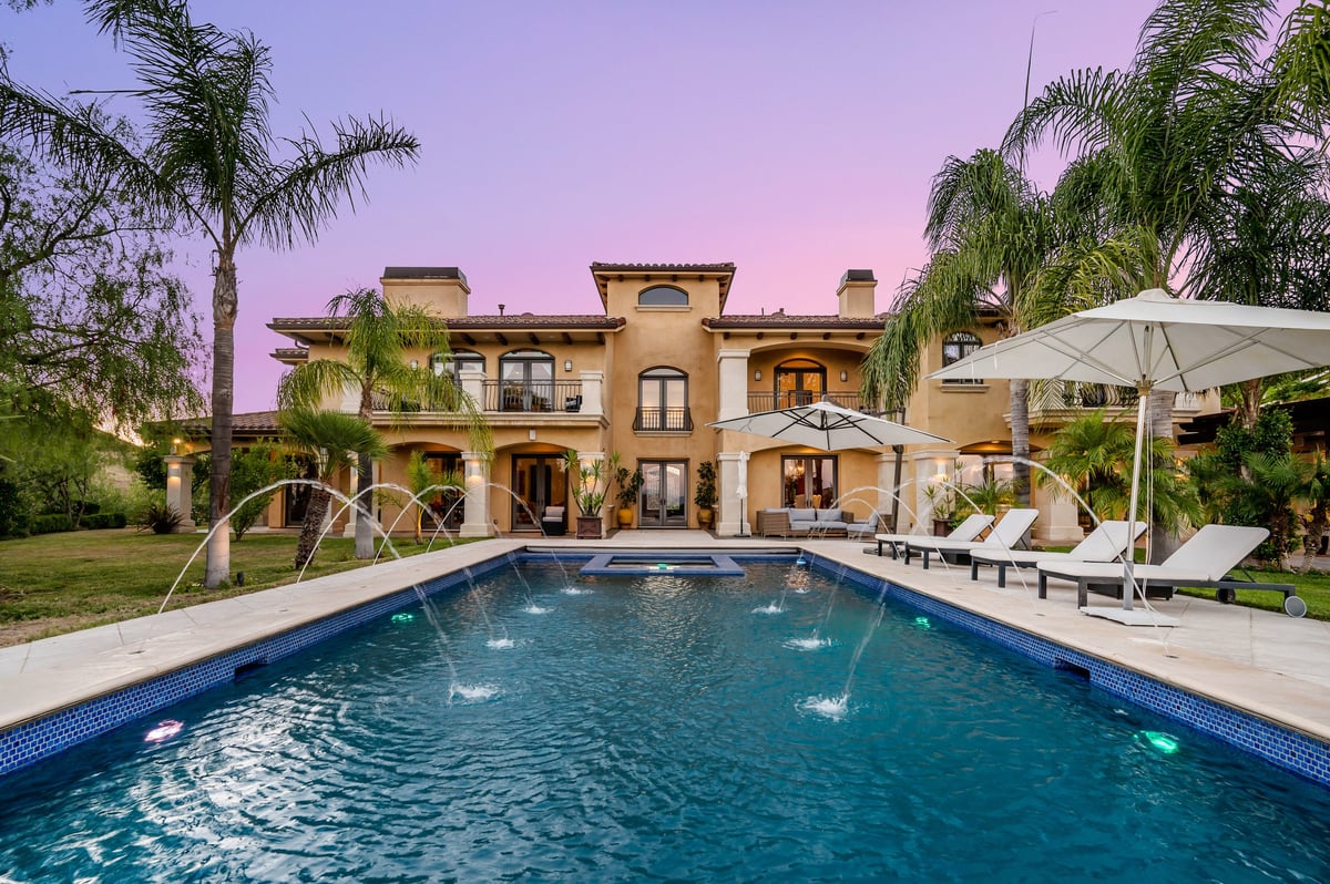 An exterior view of a luxurious home in Hidden Hills, California.