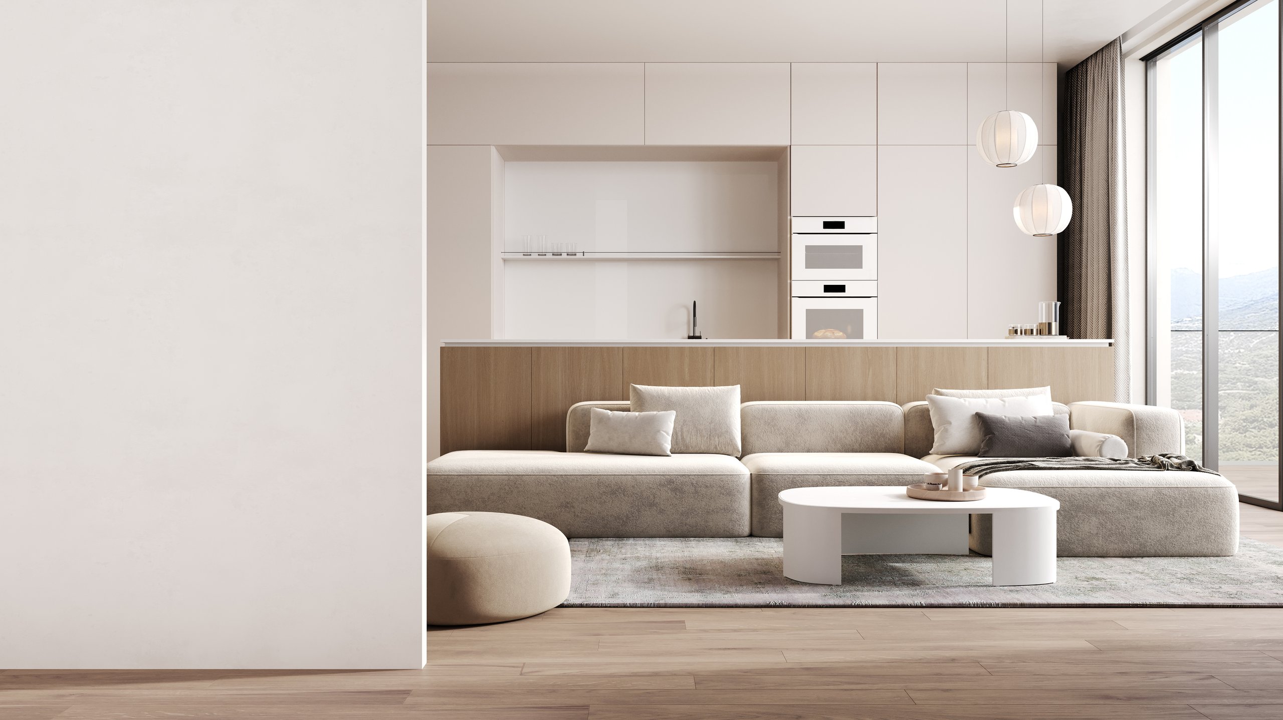 Empty wall and modern kitchen interior with dining area and sofa