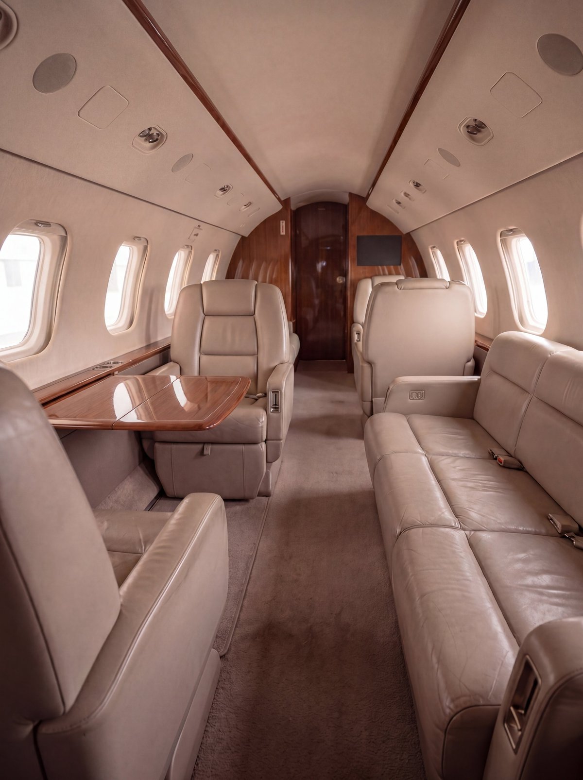 Interior of a luxury private jet cabin with beige leather seats, wood paneling, and multiple oval windows along the fuselage