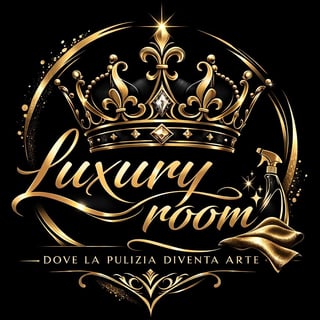 Gold ornate crown and script logo for Luxury Room with Italian tagline on black background