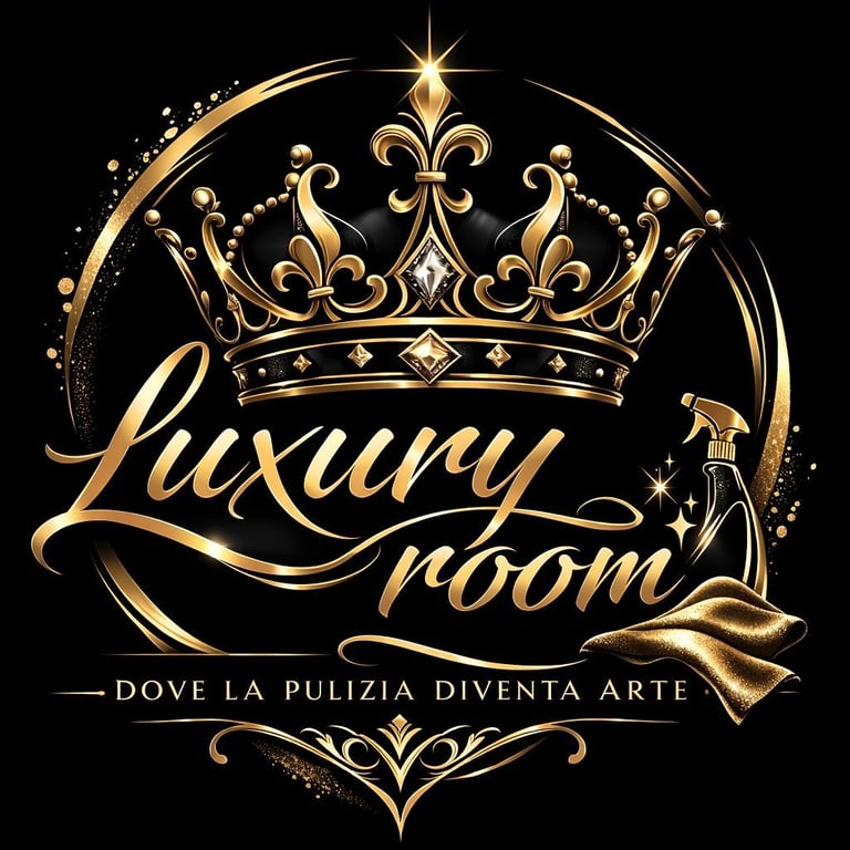 Gold ornate crown and script logo for Luxury Room with Italian tagline on black background