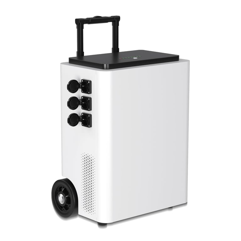 White portable power station with black top, six outlets on side, retractable handle, and wheel for mobility