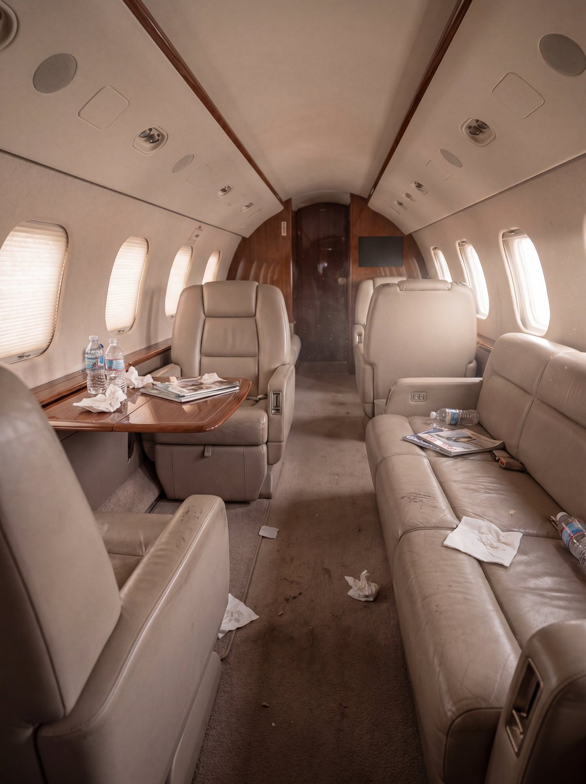 Interior of a luxury private jet cabin with tan leather seats, wooden accents, and oval windows along both sides
