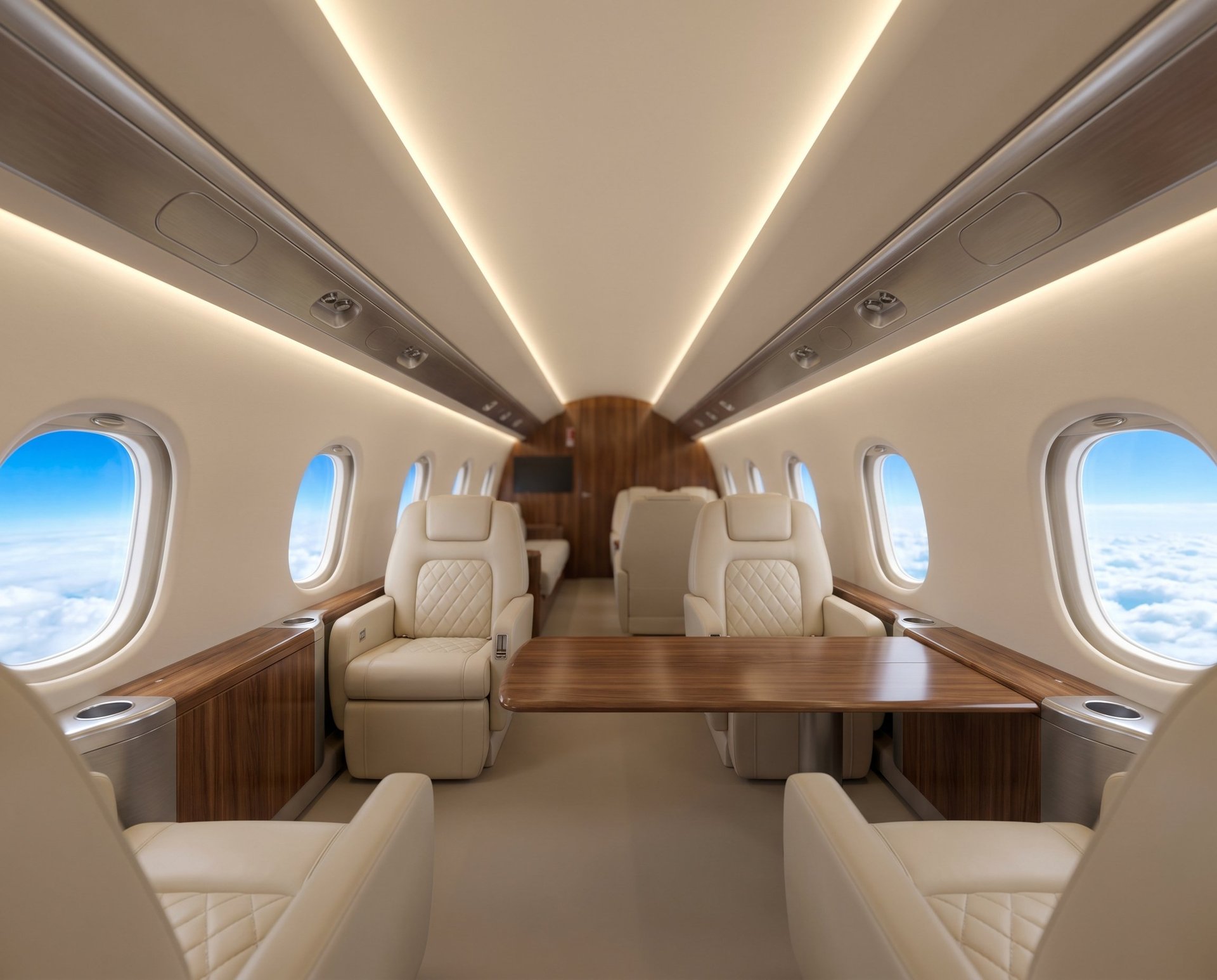 Interior of luxury private jet cabin with cream leather seats, wooden accents, large windows showing sky, and ambient ceiling lighting