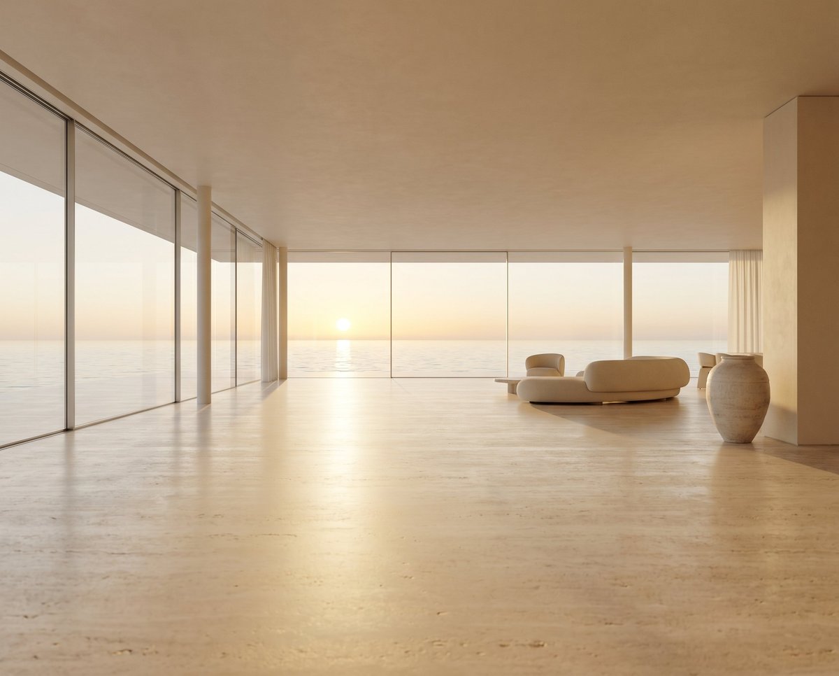 Minimalist luxury penthouse with floor-to-ceiling windows overlooking water, stone floor, and sparse modern furnishings at sunset