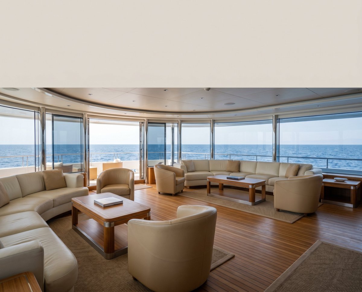 Spacious modern living room with curved floor-to-ceiling windows overlooking the ocean, beige furniture, and wooden flooring