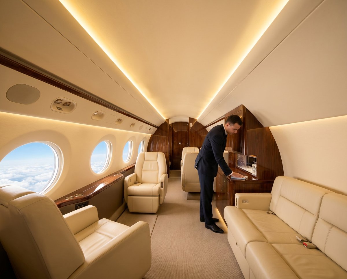 Interior of luxury private jet cabin with cream leather seats, ambient ceiling lighting, and windows showing sky view